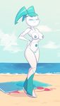  beach bikini blush breasts clothing cloud eyes_closed female hand_on_hip herny hi_res jenny_wakeman machine my_life_as_a_teenage_robot navel nipples not_furry nude outside pussy robot sand screw seaside sky smile solo standing swimsuit towel water 