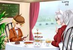  animal_ears blonde_hair book bow braid cake cat_ears chair cup dungeon_and_fighter food holding holding_book holding_pen long_hair menu_board multiple_girls open_book orange_eyes pen pie plate pointy_ears ponytail red_bow red_eyes shaojiang silver_hair sitting table teacup tiered_tray window 