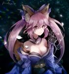  animal_ears breasts cleavage collarbone detached_sleeves fate/extra fate/grand_order fate_(series) fox_ears fox_tail hair_ribbon highres japanese_clothes kleinlight large_breasts long_hair looking_afar pink_hair red_eyes ribbon solo tail tamamo_(fate)_(all) tamamo_no_mae_(fate) 