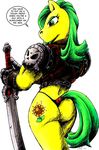  armor belt butt clothing cutie_mark drake_fenwick equine gauntlets girly gloves green_eyes green_hair hair horse male mammal melee_weapon my_little_pony skull sword text thong warrior weapon 