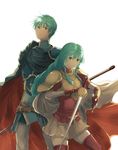  1girl armor blue_armor boots breastplate brother_and_sister cape eirika ephraim fingerless_gloves fire_emblem fire_emblem:_seima_no_kouseki gloves green_hair highres holding holding_sword holding_weapon jabeko looking_at_viewer pauldrons polearm siblings simple_background smile spear sword thigh_boots thighhighs weapon white_background zettai_ryouiki 