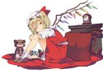  blonde_hair blush bobby_socks bow character_doll clock commentary crystal flandre_scarlet from_side full_body hair_between_eyes hasebe_yuusaku hat hat_bow leg_hug loafers looking_at_viewer looking_to_the_side mob_cap pillow red_bow red_eyes red_skirt red_vest remilia_scarlet shirt shoes side_ponytail sitting skirt skirt_set smile socks solo stuffed_animal stuffed_toy teddy_bear touhou vest white_legwear white_shirt wings 
