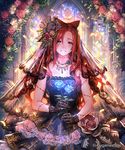  bare_shoulders black_dress blue_flower blue_rose bride brown_hair ceres_(shingeki_no_bahamut) company_name dress duplicate earrings facial_scar flower glint gloves hair_flower hair_ornament head_tilt highres holding holding_flower jewelry lace lace_gloves looking_at_viewer necklace official_art okada_manabi parted_lips purple_eyes red_flower red_rose rose scar shingeki_no_bahamut shirt sleeveless sleeveless_shirt smile solo stained_glass watermark 