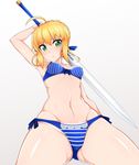 1girl arm_up armpits bikini blonde_hair blush coco_ankou fate/extra fate_(series) from_below green_eyes navel saber_extra short_hair thick_thighs thighs wide_hips 
