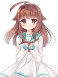  adapted_costume ahoge aqua_sailor_collar brown_eyes brown_hair collarbone dress highres kantai_collection ko_yu kuma_(kantai_collection) long_hair long_sleeves neckerchief red_neckwear sailor_collar sailor_dress simple_background smile solo white_background white_dress 