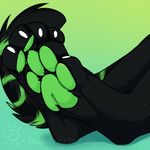  2016 4_toes ailuranthropy ambiguous_gender anthro barefoot black_fur black_tail claws digital_media_(artwork) digitigrade faceless_ambiguous feline foot_focus fur green_background green_fur green_pawpads green_stripes green_tail hindpaw laski mammal multicolored_fur multicolored_tail panther pawpads paws signature simple_background solo striped_fur stripes toe_claws toes white_claws 