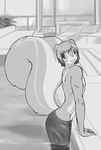  anthro big_tail clothing conditional_dnp facial_piercing greyscale hair lip_piercing male mammal monochrome piercing rodent solo squirrel swimming_pool swimsuit water xopachi 