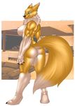  anthro black_nose black_sclera breasts butt canine digimon female fluffy fluffy_tail fox fur hi_res looking_at_viewer mammal muscular muscular_female nipples nude pussy renamon smile solo thunder-renamon tongue tongue_out yellow_fur 