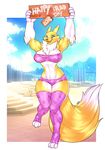  2016 3_toes anthro big_breasts black_sclera blue_eyes breasts canine clothing congratulations digimon english_text female fluffy fluffy_tail fox fur happy_birthday hi_res legwear looking_at_viewer mammal mane open_mouth renamon smile socks solo standing stockings text thick_thighs thigh_highs thunder-renamon toeless_socks toes tongue underwear voluptuous wide_hips yellow_fur 