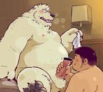  2017 anthro bear belly censored duo garouzuki human male male/male mammal masturbation nude open_mouth overweight penis polar_bear precum sex 