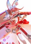  absurdres breasts cleavage_cutout dokshuri dress elphelt_valentine firing guilty_gear guilty_gear_xrd gun highres holding holding_gun holding_weapon large_breasts rifle solo thighhighs weapon 