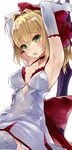  aestus_estus armpits arms_up bangs blonde_hair blush bow breasts choker cleavage collarbone cowboy_shot dress elbow_gloves eyebrows_visible_through_hair fate/extra fate_(series) gloves green_eyes hair_bow hair_intakes highres holding holding_sword holding_weapon kou_mashiro long_hair looking_at_viewer medium_breasts nero_claudius_(fate) nero_claudius_(fate)_(all) open_mouth ponytail round_teeth simple_background sitting sleeveless sleeveless_dress solo sword teeth thighhighs weapon white_background white_gloves 