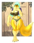 anthro big_breasts breasts canine cleavage clothed clothing digimon female fluffy fluffy_tail fox fur glowing glowing_eyes hi_res looking_at_viewer mammal midriff navel nipples open_mouth renamon shorts skimpy smile solo thunder-renamon yellow_fur 