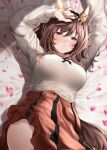  1girl animal_ears blush braid breasts brown_hair brown_skirt buena_vista_(casual)_(umamusume) buena_vista_(umamusume) casual checkered_hairband commentary_request ear_covers hair_between_eyes hairband highres horse_ears horse_girl horse_tail large_breasts long_sleeves looking_at_viewer lying on_back parted_lips purple_eyes red_hayao skirt solo sweater tail umamusume white_sweater yellow_hairband 