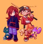  2boys absurdres aipom atsr-studios baseball_cap black_hair blue_eyes boots english_commentary ethan_(pokemon) fishing_rod goggles goggles_on_head hat highres holding holding_fishing_rod monkey multiple_boys pokemon pokemon_(creature) pokemon_adventures red_hair rivalry shoes shorts silver_(pokemon) sneakers sneasel yellow_background yellow_eyes 