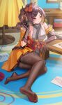  1girl absurdres arm_rest bare_shoulders blonde_hair breasts brown_hair brown_pantyhose chiori_(genshin_impact) commentary drawing_(object) drill_hair drill_ponytail elbow_gloves full_body genshin_impact gloves hair_ornament hair_stick hairpin highres holding holding_pencil indoors japanese_clothes kimono looking_to_the_side lying medium_breasts medium_hair multicolored_hair no_shoes obi off_shoulder on_floor on_side orange_eyes pantyhose parted_lips pencil puppnett sash short_kimono sideboob soles solo vision_(genshin_impact) yellow_kimono 