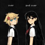  1boy 1girl antenna_hair basil_(faraway)_(omori) basil_(omori) black_background black_eyes black_hair black_sweater_vest blonde_hair blue_eyes blush bright_pupils closed_mouth collared_shirt double-parted_bangs english_text flower hair_behind_ear hair_between_eyes hair_flower hair_ornament highres krerue long_hair looking_at_viewer mari_(faraway)_(omori) mari_(omori) neckerchief omori outline red_neckerchief shirt short_hair sidelocks simple_background smile sweater_vest white_outline white_pupils white_shirt 