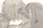  2girls bang_dream! bang_dream!_it's_mygo!!!!! blush bow closed_eyes ear_bow french_kiss greyscale kiss long_hair looking_at_another medium_hair misumi_uika monochrome multiple_girls shirt sweat togawa_sakiko tpt3p yuri 