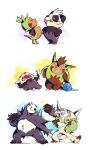  2others absurdres animal_ears annoyed artist_name chesnaught chespin claws closed_eyes closed_mouth commentary english_commentary evolutionary_line facing_another flag giving_up_the_ghost hands_on_own_hips highres holding_hands leaf_in_mouth looking_at_another mouth_hold multiple_others no_humans pancham panda_ears panda_tail pawpads pokemon pokemon_(creature) quilladin smile sparkle stalk_in_mouth super-tuler tail tongue tongue_out waving_flag white_flag yarn yarn_ball 