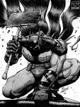  1boy absolute_batman absolute_dc absurdres animal_ears axe back_spikes bat_ears bat_mask batman batman_(absolute_dc) battle_axe belt berserk black_cape bodysuit cape dc_comics english_commentary full_body grey_bodysuit guts_(berserk) highres holding holding_axe monochrome muscular muscular_male pizza990 signature solo squatting superhero_costume utility_belt weapon 