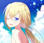  1boy akemaru bishounen blonde_hair blue_eyes hair_ribbon highres looking_at_viewer male_focus mama_(akemaru) nipples one_eye_closed original pectorals ponytail ribbon shirtless sky smile water 