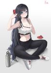  1girl :o absurdres black_hair black_pants blue_eyes blush bottle bow breasts character_name cleavage clothes_pull commentary_request diagonal-striped_bow hair_spread_out hands_up highres indian_style korean_commentary large_breasts long_hair looking_at_viewer modon_(abwqe12132) navel no_socks nose_blush open_mouth pants pulling_own_clothes red_bow shirayuki_hina shoes simple_background sitting sneakers solo sports_bra sports_bra_pull stellive stomach striped_bow unworn_bow very_long_hair virtual_youtuber water_bottle wet wet_hair wet_sports_bra white_background white_shoes white_sports_bra yoga_pants 