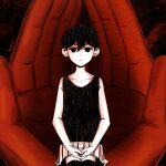  1boy antenna_hair artist_name black_eyes black_hair black_shorts black_tank_top black_thighhighs closed_mouth collarbone colored_skin double-parted_bangs expressionless hair_between_eyes highres krerue looking_at_viewer male_focus omori omori_(omori) short_hair shorts sitting solo striped_clothes striped_shorts tank_top thighhighs two-tone_shorts vertical-striped_clothes vertical-striped_shorts white_shorts white_skin 