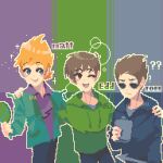  3boys :d ;d ? alcohol animification antenna_hair blue_hoodie brown_hair character_name commentary_request drawstring edd_(eddsworld) eddsworld flask green_hoodie green_jacket hip_flask holding holding_flask holding_harpoon holding_mirror hollow_eyes hood hood_down hoodie jacket jitome korean_commentary ku_han_yu long_sleeves lowres male_focus matt_(eddsworld) mirror multiple_boys one_eye_closed open_clothes open_jacket open_mouth orange_hair pixel_art plain_epaulettes purple_hoodie short_hair smile sparkle spiked_hair tom_(eddsworld) 