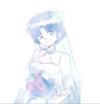  1girl bare_shoulders blue_hair bouquet breasts bridal_veil cleavage dress holding holding_bouquet looking_at_viewer ranma_1/2 short_hair simple_background sketch sleeveless sleeveless_dress smile sokoonao solo tendou_akane veil wedding_dress white_background white_dress 