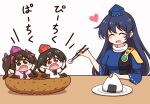  3girls armor bird_nest black_bow black_bowtie black_hair black_wings blue_dress blue_hair blue_hat blush blush_stickers bow bowtie brown_eyes brown_hair chibi chopsticks closed_eyes commentary_request dress feeding food hat heart highres himekaidou_hatate holding holding_chopsticks iizunamaru_megumu long_hair long_sleeves multiple_girls onigiri open_mouth pauldrons pink_hat pink_shirt plate red_eyes ribbon-trimmed_sleeves ribbon_trim shameimaru_aya shirt shitacemayo shoulder_armor shoulder_guard simple_background single_pauldron smile tokin_hat touhou translation_request twintails white_background white_shirt wide_sleeves wings 