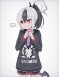  1girl absurdres artist_name averting_eyes black_hair black_hoodie black_horns blue_archive blush bright_pupils clothes_writing commentary condom condom_packet_strip condom_wrapper cowboy_shot demon_girl demon_horns demon_wings double-parted_bangs ear_piercing grey_hair grey_halo hair_between_eyes halo hands_up highres holding holding_condom hood hood_down hoodie horns kayoko_(blue_archive) long_hair long_sleeves looking_to_the_side low_wings mensiah miniskirt multicolored_hair parted_lips piercing plaid_clothes plaid_skirt pleated_skirt ponytail presenting red_eyes red_skirt school_uniform sidelocks simple_background single_wing skirt solo speech_bubble spoken_blush two-tone_hair white_background white_pupils wings 