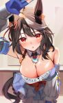  1girl a_o_1016 absurdres almond_eye_(the_changer)_(umamusume) almond_eye_(umamusume) animal_ears arm_up bare_shoulders black_hair black_tail blue_dress blue_gloves blush breasts cleavage commentary_request detached_sleeves dress fingerless_gloves gloves highres horse_ears horse_girl indoors kitasan_black_(umamusume) large_breasts leaning_forward looking_at_viewer multicolored_hair open_mouth red_eyes short_hair skindentation sleeveless sleeveless_dress solo streaked_hair umamusume white_hair white_sleeves 