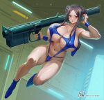  1girl absurdres artist_name bazooka_(gundam) black_hair blue_boots blue_slingshot_swimsuit boots breasts brown_eyes cleavage collarbone commentary_request commission cosplay double_bun floating gundam hair_bun highres holding holding_rocket_launcher holding_weapon huge_breasts long_hair looking_at_viewer muv-luv muv-luv_alternative navel neneka_nibrou neneka_nibrou_(cosplay) o-ring o-ring_one-piece_swimsuit open_mouth pham_thi_ran pixiv_commission rocket_launcher schwarzesmarken shiny_skin slingshot_swimsuit solo sweat swimsuit tomo_eokaiteru victory_gundam weapon wristband 