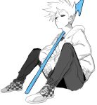  1boy animification checkered_shoes drawstring eddsworld expressionless full_body harpoon highres hollow_eyes hood hood_down hoodie long_sleeves male_focus mooottiiii pants shoes short_hair simple_background sitting sketch sneakers solo spiked_hair spot_color tom_(eddsworld) white_background 