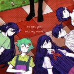  2girls 4boys antenna_hair aubrey_(headspace)_(omori) aubrey_(omori) basil_(headspace)_(omori) basil_(omori) black_socks blue_overalls blue_shirt blush book brother_and_sister brothers checkered_blanket closed_mouth collarbone collared_pajamas collared_shirt colored_skin double-parted_bangs english_text flower grass green_hair green_shirt hair_behind_ear hair_between_eyes hair_flower hair_ornament hero_(headspace)_(omori) hero_(omori) highres holding holding_book kel_(headspace)_(omori) kel_(omori) krerue long_hair lying mari_(headspace)_(omori) mari_(omori) multiple_boys multiple_girls neckerchief omori omori_(omori) on_back overalls pajamas parted_lips picnic_blanket purple_hair purple_sweater_vest red_neckerchief red_skirt shirt short_hair short_sleeves siblings sidelocks skirt sleeping socks standing striped_clothes striped_pajamas sweater_vest t-shirt vertical-striped_clothes vertical-striped_pajamas white_pajamas white_shirt white_skin 