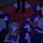  2girls 4boys antenna_hair aubrey_(headspace)_(omori) aubrey_(omori) basil_(headspace)_(omori) basil_(omori) black_socks blue_overalls blue_shirt blush book brother_and_sister brothers checkered_blanket closed_mouth collarbone collared_pajamas collared_shirt colored_skin double-parted_bangs english_text flower grass green_hair green_shirt hair_behind_ear hair_between_eyes hair_flower hair_ornament hero_(headspace)_(omori) hero_(omori) highres holding holding_book kel_(headspace)_(omori) kel_(omori) krerue long_hair lying mari_(headspace)_(omori) mari_(omori) multiple_boys multiple_girls neckerchief omori omori_(omori) on_back overalls pajamas parted_lips picnic_blanket purple_hair purple_sweater_vest red_neckerchief red_skirt shirt short_hair short_sleeves siblings sidelocks skirt sleeping socks standing striped_clothes striped_pajamas sweater_vest t-shirt vertical-striped_clothes vertical-striped_pajamas white_pajamas white_shirt white_skin 