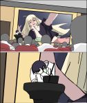  2girls absurdres ahoge bite_mark black_hair black_shirt blush cho_kaguya-hime! collarbone commentary facepalm finger_in_another's_mouth highres kaguya_(cho_kaguya-hime!) lab_coat lecture_hall long_hair long_sleeves meme midriff midriff_peek multiple_girls pink_shorts presentation presentation_gone_wrong_(meme) red_eyes sakayori_iroha screen shirt short_hair short_sleeves shorts sunlight_(user_hspg2534) yuri 