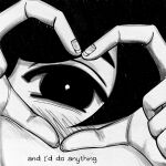  1boy black_eyes black_hair bright_pupils close-up colored_skin english_text fingernails four-finger_heart_hands heart heart_hands highres krerue looking_at_viewer male_focus omori omori_(omori) short_hair solo white_pupils white_skin 
