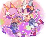  2boys :3 abstract_background animal_crossing bandaid bandaid_on_cheek bandaid_on_face belt blue_shorts blue_sweater bob_(animal_crossing) bow brown_belt cat_boy cloud commentary_request denim denim_shorts footwear_bow furry furry_male heart_pendant helmet highres jewelry kid_cat_(animal_crossing) leg_up looking_at_viewer male_focus multicolored_sweater multiple_boys narrowed_eyes pendant purple_eyes purple_shoes rainbow_print red_helmet red_shoes red_sweater shoes shorts smile sneakers socks standing standing_on_one_leg sun sweater sweater_tucked_in turtleneck turtleneck_sweater x_pape yellow_sweater 