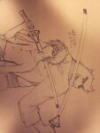  2boys animal_ears bakemono_no_ko bear_boy bear_ears commentary_request furry furry_male graphite_(medium) greyscale grin hatching_(texture) holding holding_sword holding_weapon indeigo15 kumatetsu kyuuta_(bakemono_no_ko) linear_hatching looking_at_another looking_back male_focus monochrome multiple_boys over_shoulder pen_(medium) sheath sheathed smile sword sword_over_shoulder traditional_media translation_request weapon weapon_over_shoulder 