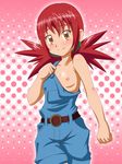  1girl akari_hinomoto blush breast_slip breasts digimon digimon_xros_wars highres hinomoto_akari naked_overalls one_breast_out orange_eyes overalls red_hair small_breasts solo takappe 