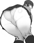  1girl ass blush breasts greyscale huge_ass large_breasts long_hair looking_at_viewer monochrome original panties simple_background skirt solo suruga_kreuz tears thick_thighs thighs underwear white_background wide_hips 