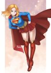  1girl animification artist_name belt bent_over blonde_hair blue_eyes blue_shirt boots breasts cape commentary dc_comics eyelashes floating floating_cape floating_hair full_body gold_belt hands_on_own_hips hanging_legs high_heel_boots high_heels highres long_hair long_sleeves looking_at_viewer medium_breasts miniskirt pigeon-toed pillarboxed pink_background ravenhart red_boots red_cape red_skirt shirt simple_background skirt slim_legs smile supergirl supergirl_(2026) superman_(series) superman_logo thigh_boots 