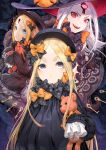  3girls :d abigail_williams_(fate/grand_order) b.c.n.y. bangs black_bow black_dress black_gloves black_hat blonde_hair blue_eyes bow bug butterfly closed_mouth commentary_request dress eyebrows_visible_through_hair fate/grand_order fate_(series) forehead gloves glowing glowing_eyes hair_bow hat hat_bow highres insect key keyhole long_hair long_sleeves looking_at_viewer multiple_girls object_hug open_mouth orange_bow pale_skin parted_bangs polka_dot polka_dot_bow purple_eyes red_eyes revealing_clothes sharp_teeth signature sleeves_past_fingers sleeves_past_wrists smile stuffed_animal stuffed_toy suction_cups teddy_bear teeth tentacle very_long_hair white_hair witch_hat 