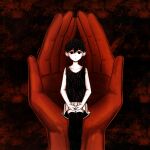  1boy antenna_hair artist_name black_eyes black_hair black_shorts black_tank_top black_thighhighs closed_mouth collarbone colored_skin double-parted_bangs expressionless hair_between_eyes highres krerue looking_at_viewer male_focus omori omori_(omori) short_hair shorts sitting solo striped_clothes striped_shorts tank_top thighhighs two-tone_shorts vertical-striped_clothes vertical-striped_shorts white_shorts white_skin 