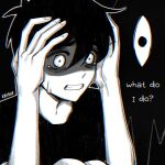  1boy alternate_costume antenna_hair artist_name black_hair clenched_teeth double-parted_bangs english_text greyscale hair_between_eyes hands_on_own_head highres krerue looking_ahead monochrome omori open_mouth shirt short_hair short_sleeves solo something_(omori) sunny_(omori) sweatdrop t-shirt tearing_up teeth white_eyes 