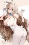  adjusting_eyewear akane_(blue_archive) akane_(bunny)_(blue_archive) animal_ears aqua_bow aqua_bowtie ass black-framed_eyewear blue_archive blue_bow blue_bowtie bow bowtie breasts brown_eyes brown_hair brown_halo brown_shawl cleavage commentary detached_collar fake_animal_ears gloves halo hand_on_eyewear highres large_breasts leotard long_hair looking_at_viewer official_alternate_costume pantyhose plaid_clothes plaid_shawl playboy_bunny poi1107 rabbit_ears shawl smile strapless strapless_leotard traditional_bowtie untranslatable_commentary watermark white_gloves white_leotard white_pantyhose 