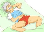  bed blush bulge drool eyes_closed male male_focus saliva sleeping solo soul_eater soul_eater_evans soul_evans testicles white_hair 