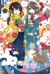  2girls :d black_hair black_sandals blue_bow blue_eyes blue_hakama blue_kimono blue_sash blush bow closed_eyes commentary_request dot_nose double-parted_bangs flower full_body hair_between_eyes hair_bow hair_flower hair_ornament hakama hakama_skirt highres japanese_clothes kimono long_hair long_sleeves multiple_girls neck_ribbon new_year no_lineart obi okobo open_mouth original pink_sandals platform_sandals red_ribbon ribbon saltchiyiro105 sandals sash short_hair skirt smile socks standing tabi twintails white_socks wide_sleeves yellow_kimono 