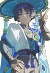  1boy animal_print arm_at_side armor artist_name belt bird_print black_belt black_bodysuit black_bow black_hair black_shorts blue_hat blue_kimono blue_pupils blue_sleeves blunt_ends bodysuit bow bridal_gauntlets cape commentary_request covered_collarbone cowboy_shot eyeliner feathers from_below furisode gem genshin_impact gold gold_ring green_gem grey_bridal_gauntlets hand_on_own_hip hand_up hat highres index_finger_raised japanese_armor japanese_clothes jingasa juban kimono kote kurokote layered_sleeves looking_at_viewer makeup male_focus mandala mandarin_collar middle_ring multicolored_hair nonoji_(nonoji_ekaki) open_clothes open_kimono parted_lips pom_pom_(clothes) purple_cape purple_eyes purple_hair purple_rope purple_sash raised_eyebrow red_eyeliner rope sash scaramouche_(genshin_impact) short_sleeves shorts sidelighting solo streaked_hair tsurime vision_(genshin_impact) wanderer_(genshin_impact) white_background white_kimono white_mouth white_sleeves white_trim yellow_feathers 
